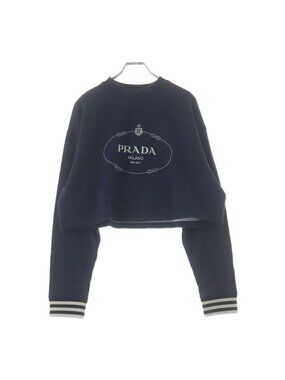 Prada Logo Embroidery Striped Rib Cropped Sweatshirt Navy